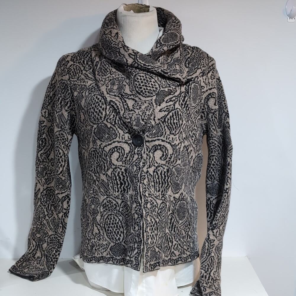 Mary Wool Blend Floral Print Cardigan Funnel Neck Sweater sz L